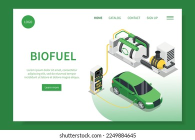 Biofuel biogas production isometric web site landing page with car fuel filling appliances text and links vector illustration