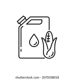 biomasa de biocombustible en el icono de línea delgada aislado del cartucho. Etanol vectorial hecho de maíz y maíz, combustible alternativo respetuoso con el medio ambiente. Energía verde, jamaiquino con signo de petróleo. Gallones y fósiles vegetales