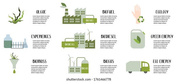 Biofuel concept. Algae fuel, biogas, biodiesel, infographics. Alternative eco friendly fuel. Vector flat illustration