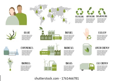 Biofuel concept. Algae fuel, biogas, biodiesel, infographics. Alternative eco friendly fuel. Vector flat illustration
