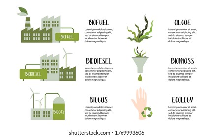 Biofuel concept. Algae fuel, biogas, biodiesel, infographics. Alternative eco friendly fuel. Vector flat illustration