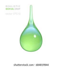 Biofuel drop. Vector realistic 3D droplet of organic fuel. Detailed glossy drip of alternative flammable liquid. Cold green tints of blob corresponds to the color of algae biomass. Isolated object.