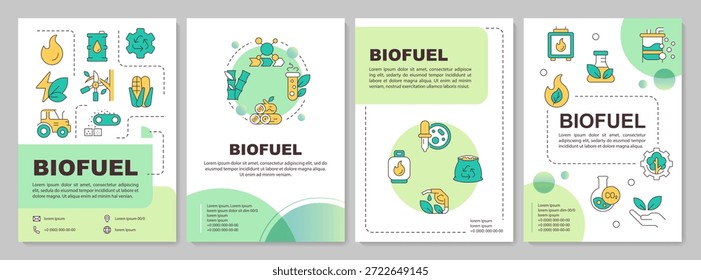 Diseño de folleto de círculo verde de biocombustibles. Procesos químicos, gestión forestal. Diseño publicitario de folleto con iconos de línea de color. Editable 4 páginas