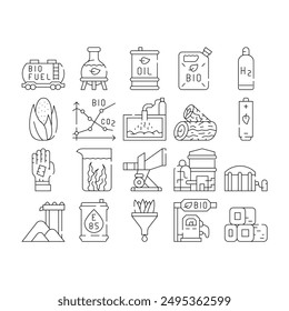 Biofuel Green Energy Collection Icons Set Vector. Biofuel Railway Carriage And Canister, Oil Barrel And Laboratory Flask, Bio Fuel Factory Black Contour Illustrations