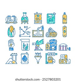 Iconos del doodle de la energía verde del biocombustible Vector del sistema Carro y depósito del ferrocarril del biocombustible del arte de la línea del boceto, barril de aceite y frasco del laboratorio, ilustraciones del color de la fábrica del biofuel