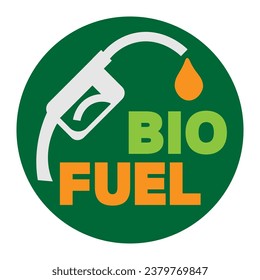 Biofuel, icon button, with symbol of fuel pump nozzle, drop and text.