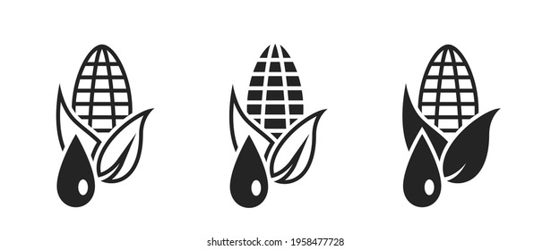 Biofuel Icon Set. Drop Of Fuel And Corn. Eco Friendly Industry, Environment And Alternative Energy Symbol