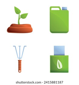 Biofuel icons set cartoon vector. Biofuel canister and plant with green leaf. Renewable energy, ecology concept