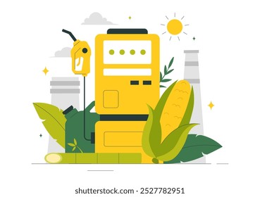 Biofuel Life Cycle of Natural Materials and Plants with Green Barrels and Biogas Production Energy in a Flat Cartoon Background Vector Illustration