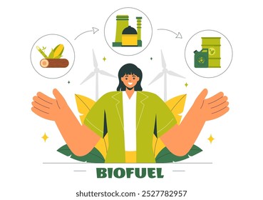 Ciclo de Vida de Biocombustível de Materiais Naturais e Plantas com Barris Verdes e Energia de Produção de Biogás em um Plano de Desenho Animado Fundo Vetor Ilustração