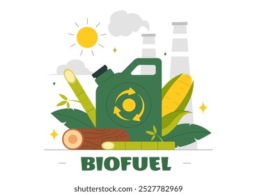 Biofuel Life Cycle of Natural Materials and Plants with Green Barrels and Biogas Production Energy in a Flat Cartoon Background Vector Illustration