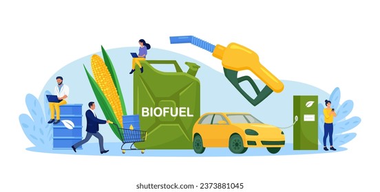 Biofuel petrol refill station with vehicles. Renewable energy source derived from organic materials. Reducing greenhouse gas emissions. Alternative green diesel. Environmental care, sustainability