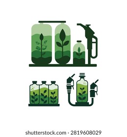Biofuel production and distribution concept with green plants in bottles and fuel pump nozzles on white background