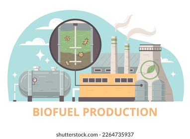 Biofuel production flat design concept demonstrating processing plant for converting biomass into energy by anaerobic digestion method vector illustration