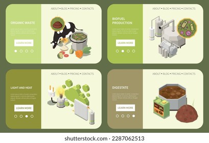 Biofuel production organic waste energy consumption digestate isometric horizontal web banners set isolated 3d vector illustration