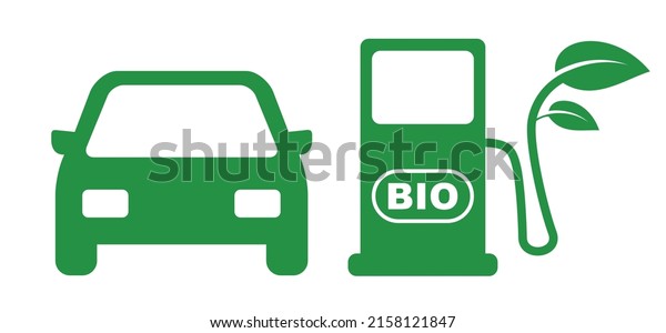 Biofuel pump or biodiesel. Car flling station, Biofuel\
is fuel made from biomass. Bio fuels are available in solid, liquid\
or gaseous form. Vector refill symbol or pictogram. Car fill\
location. 