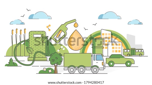 Biofuel renewable energy as green gas
industry alternative outline concept. Bio fuel pump station with
vehicles in clean air environment without greenhouse gases and CO2
emissions vector
illustration.
