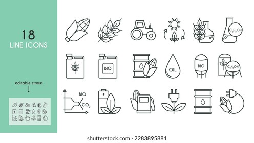 Biofuel set of icons. Corn, wheat, ethanol, tractor, oil, canister, barrel of fuel. Vector simple illustration