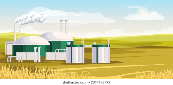 Biokraftstoffkraftwerk, erneuerbare Energiequellen, Strom, Umwelt, Gas, Kraftstoff, Kraftwerk, Biodiesel, Biogas, Ackerbau, Landwirtschaft. Industriegebäude. Vektorgrafik.