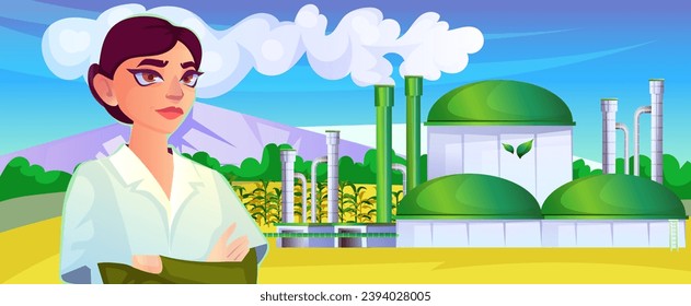 Biofuel station, renewable energy source, electricity and environment. Female engineer in suit in cross arm pose. Landscape with field, crops, agriculture. Industrial building. Vector illustration.