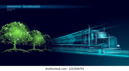 Biofuel Truck. Ecology Science Chemistry Biotechnology Eco Concept. Renewable Biorefinery Organic Gas 3D Render Polygonal Innovation Technology Vector Illustration