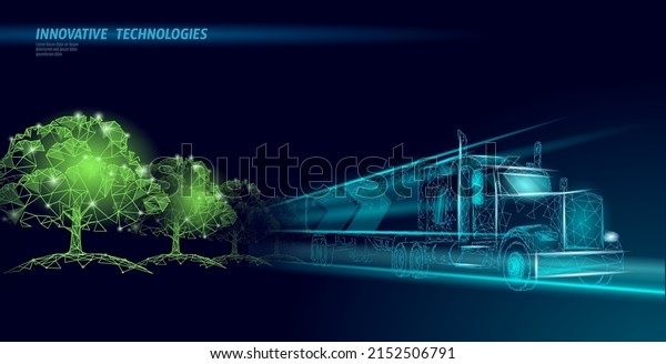 Biofuel truck. Ecology\
science chemistry biotechnology eco concept. Renewable biorefinery\
organic gas 3D render polygonal innovation technology vector\
illustration