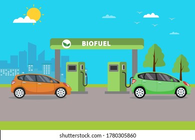 Biofuel vector concept: cars filling up gas a biofuel station