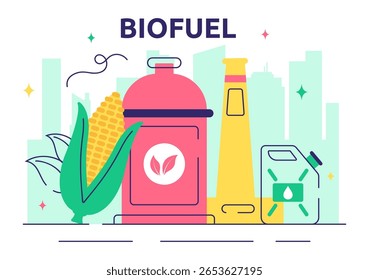 Biofuel Vector Illustration Featuring the Life Cycle of Natural Materials and Plants with Green Barrels and Biogas Production Energy in a Background