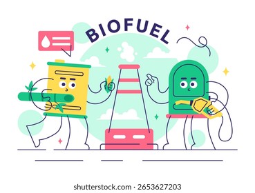 Biofuel Vector Illustration Featuring the Life Cycle of Natural Materials and Plants with Green Barrels and Biogas Production Energy in a Background