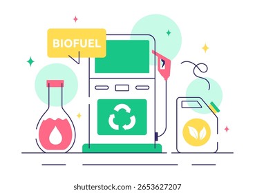 Ilustração do vetor de biocombustível Apresentando o ciclo de vida de materiais naturais e plantas com barris verdes e energia de produção de biogás em um fundo
