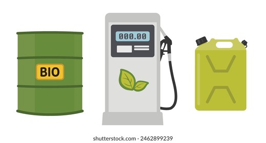 Gráficos de Ilustración vectorial de biocombustible. Bomba de combustible respetuosa del medio ambiente, barril de biocombustible y lata de jerez. 