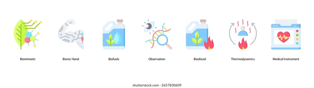 Ilustración vectorial de iconos de Anuncio de Web de herramientas de biofuturo que muestra Biomimetic, Bionic Hand, Biofuels, Observation, Biodiesel, Thermodynamics e Medical Instrument.