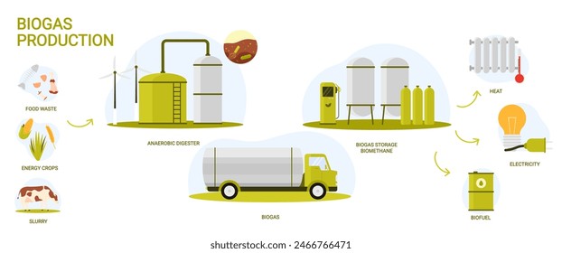 Biogas, bio energy production in industrial infographic scheme with process stages. Biomass of organic food and livestock waste processed into biofuel, electricity and heat cartoon vector illustration