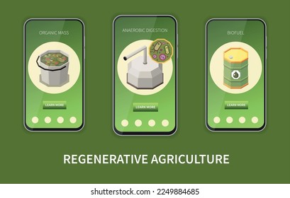Biogas biomethane biofuel isometric vertical mobile banners set with organic mass and anaerobic digestion isolated 3d vector illustration