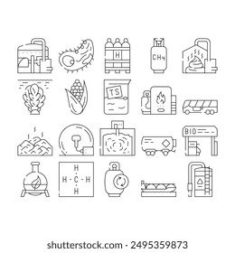 Biogas Energy Fuel Collection Icons Set Vector. Biogas Refueling Station And Cylinder, Corn And Algae Natural Ingredient Of Gas, Methane And Hydrogen Black Contour Illustrations