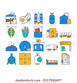 Iconos de Colección de combustible de energía de biogás Set Vector. Estación De Repostaje De Biogás Y Cilindro, Maíz Y Algas Ingrediente Natural De Gas, Metano E Hidrógeno Ilustraciones De Contorno De Color