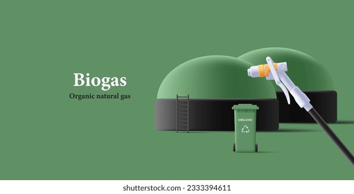 Biogas Energy Power Plant, Green Energy, Alternative Power 3d render composition with hose for transport refueling