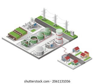 Biogas energy system industry in isometric illustration