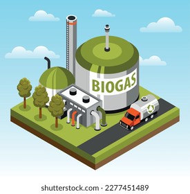 Biogas factory isometric green object at clean blue sky background 3d vector illustration