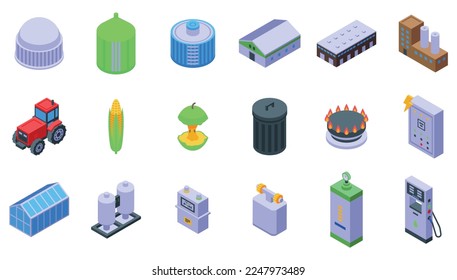 Biogas icons set isometric vector. Biomass energy. Bio plant