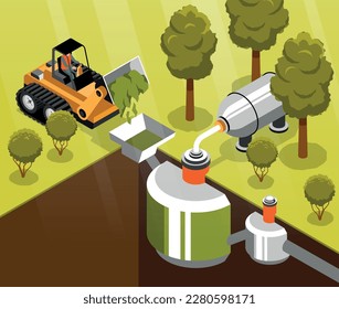 Biogas isometric composition demonstrating biomass as sources of green biofuel vector illustration