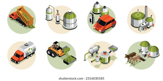 Biogas isometric round compositions depicting raw biomass and livestock byproducts as sources of biofuel isolated vector illustration