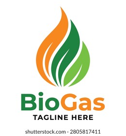 Biogas logo template with green and orange leaf flame design icon