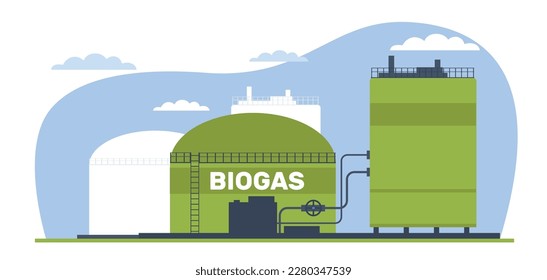 Biogas plant, green energy, alternative diesel. Environmental care, eco bio petroleum on gas station, renewable source, biofueling storage. Cartoon flat illustration. Vector concept