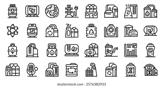  Biogas plant icons set. Biogas production process using organic matter, highlighting renewable energy, sustainable agriculture, and environmental benefits