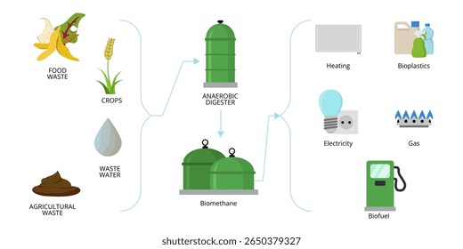 Processo de produção de biogás que converte vários tipos de resíduos orgânicos em biometano, utilizado para diferentes aplicações como aquecimento, bioplásticos, eletricidade, gás e biocombustíveis