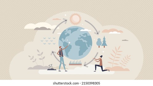 Biogeochemical cycle as elements circulation pathway tiny person concept. Environmental scientific biology climate process with water, carbon, nitrogen or oxygen chemical formation vector illustration