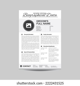 Biographical Data Design Template for Muslim Groom. There have some pieces of information. But More information can be added to express Bride's Personality. Contact Immediately.