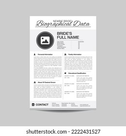 Biographical Data Design Template for Muslim Bride. There have some pieces of information. But More information can be added to express Bride's Personality. Contact Immediately.
