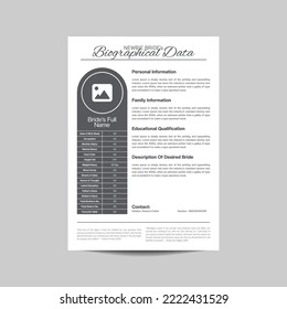 Biographical Data Design Template for Muslim Bride. There have some pieces of information. But More information can be added to express Bride's Personality. Contact Immediately.
